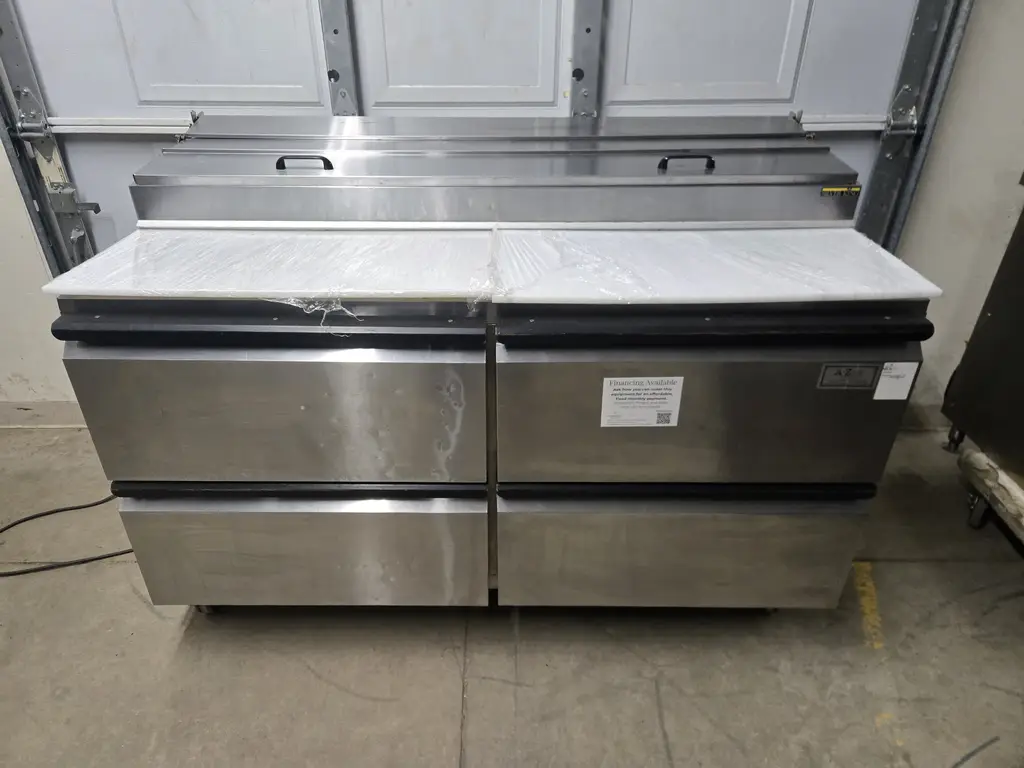 SILVER KING STAINLESS STEEL RAISE RAIL PREP TABLE WITH 4 DRAWERS ON CASTERS - NSF