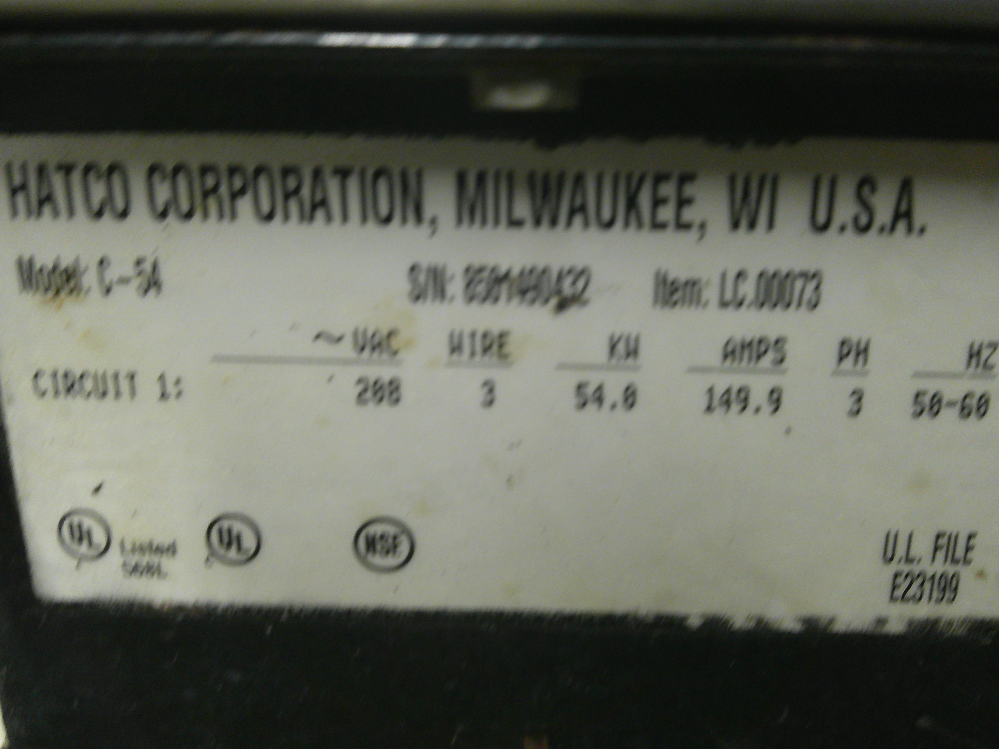 HATCO BOOSTER HEATER