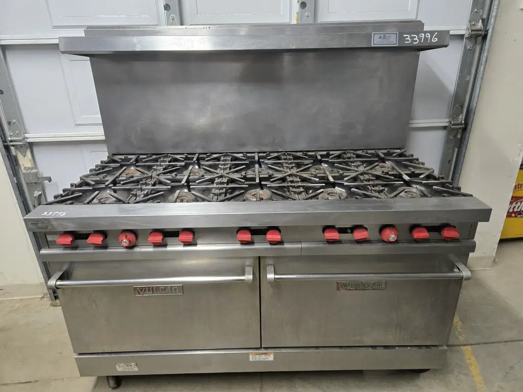 VULCAN 10 BURNER RANGE WITH 2 STANDARD OVENS ON CASTERS WITH OVER SHELF