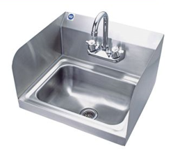 WALL MOUNT HAND SINK WITH SPLASH GUARDS AND 4 INCH ON CENTER SPLASH MOUNT FAUCET WITH GOOSENECK SPOUT