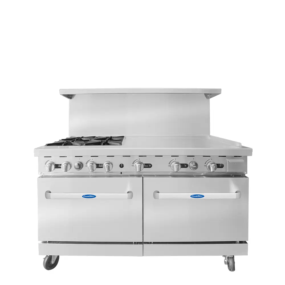 ATOSA 4 BURNER RANGE ON CASTERS WITH 36 INCH MANUAL GRIDDLE ON LEFT; 2 FULL SIZE OVENS; AND OVER SHELF - ETL APPROVED