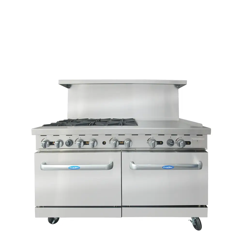 ATOSA 6 BURNER RANGE ON CASTERS WITH 24 INCH MANUAL GRIDDLE ON RIGHT; 2 FULL SIZE OVENS; AND OVER SHELF - ETL APPROVED