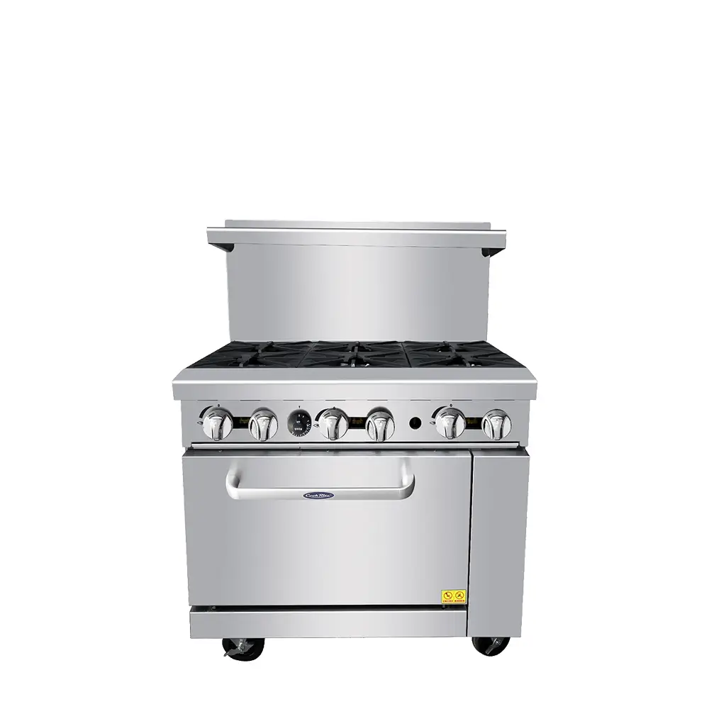 ATOSA 6 BURNER RANGE ON CASTERS WITH FULL SIZE OVEN AND OVER SHELF - ETL APPROVED