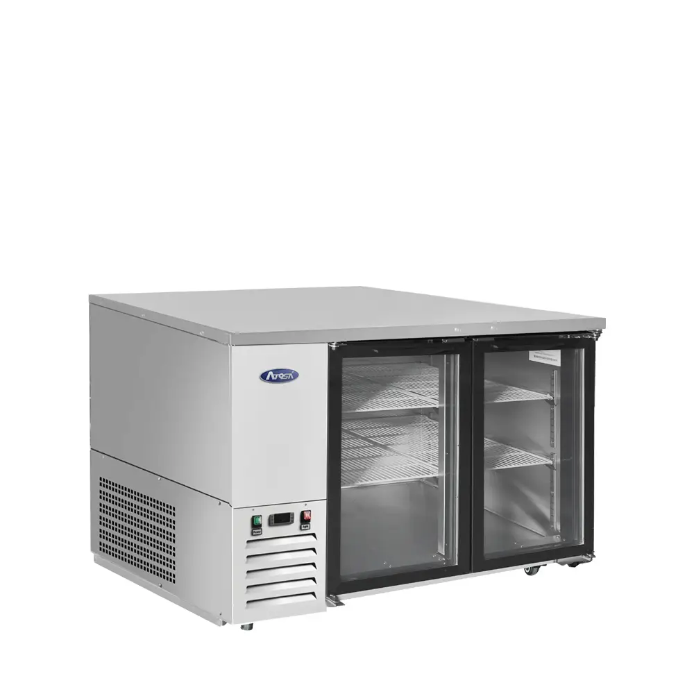 ATOSA 48 INCH BACK BAR COOLER ON CASTERS WITH 2 GLASS DOORS AND COMPRESSOR ON LEFT - ETL APPROVED