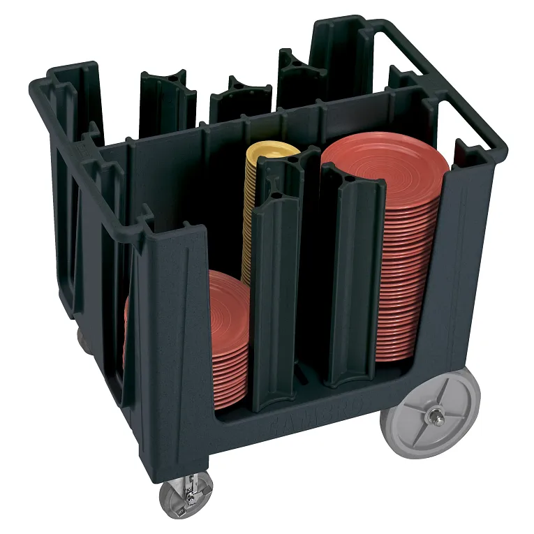 CAMBRO DISH CART - 6 ADJUSTABLE TOWERS - MIN 4 1/2 - MAX 13 - BLACK W/VINYL COVER