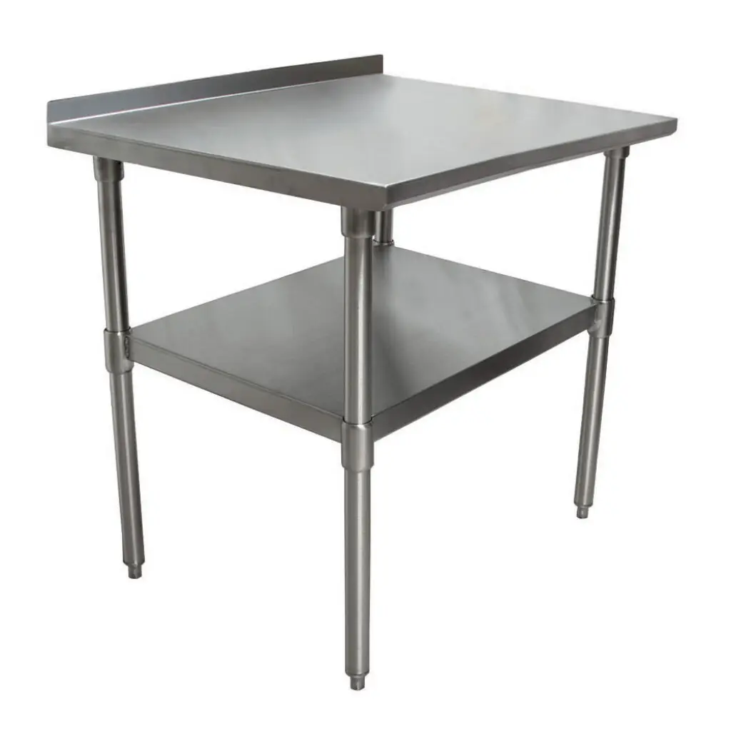 24 X 24 STAINLESS STEEL WORKTABLE WITH GALVANIZED LEGS AND UNDERSHELF WITH 2IN BACKSPLASH