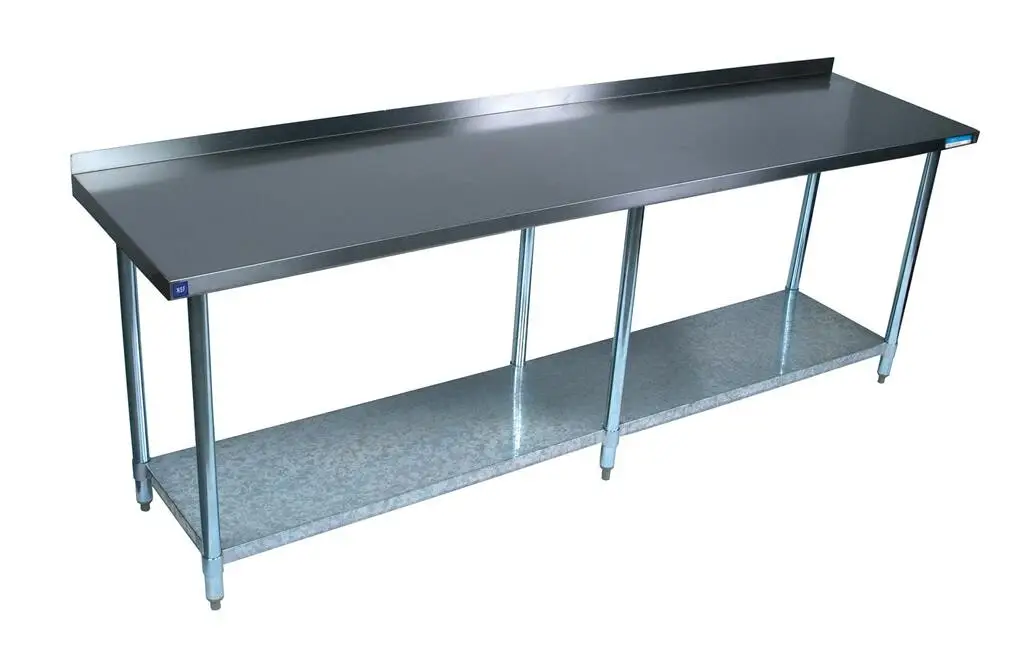 30 x 96 STAINLESS STEEL WORKTABLE WITH SPLASH - GALVANIZED LEGS AND UNDERSHELF AND 2 IN BACKSPLASH