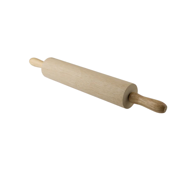 13 INCH WOOD ROLLING PIN WITH 3 INCH BARREL; 4 INCH HANDLES; AND BALL BEARINGS