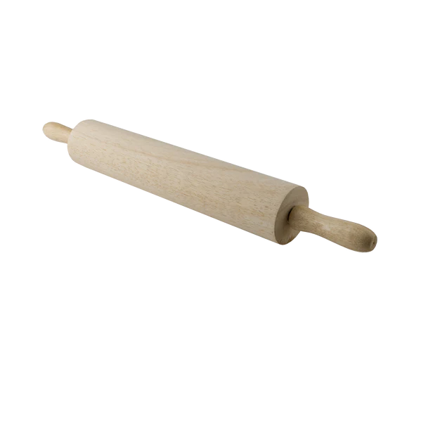 15 INCH WOOD ROLLING PIN WITH 3 INCH BARREL; 4 INCH HANDLES; AND BALL BEARINGS