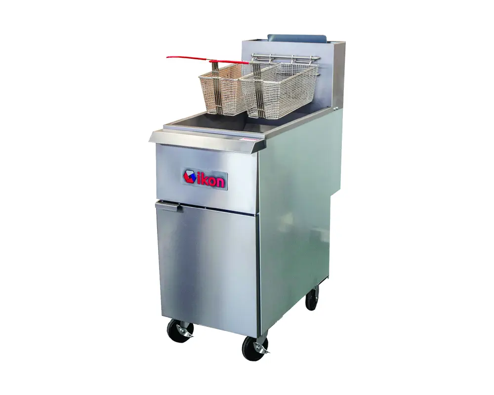 IKON 35-40 LB TWIN BASKET FRYER ON CASTERS WITH 3 TUBE BURNERS - 90000 BTU - NATURAL GAS - ETL APPROVED