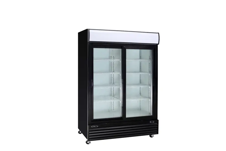 KOOL-IT 2 GLASS DOOR COOLER MERCHANDISER ON CASTERS WITH 31.1 CUBIC FOOT CAPACITY; LIGHTED TOP PLATE; AND BOTTOM MOUNT COMPRESSOR - ETL APPROVED