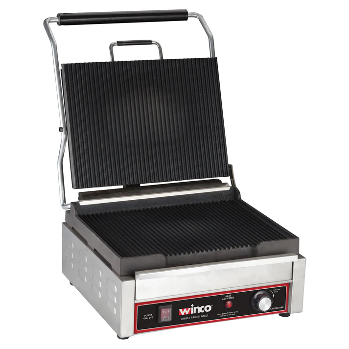 WINCO COUNTERTOP SINGLE PANINI PRESS WITH GROOVED CAST IRON GRILL PLATES AND A 14 X 12 INCH GRILL SURFACE - ETL APPROVED