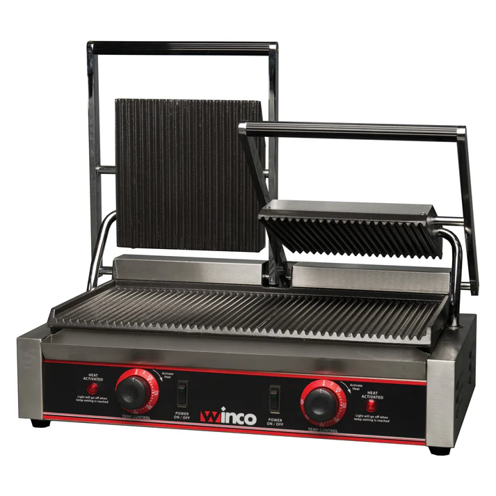 WINCO COUNTERTOP DOUBLE PANINI PRESS WITH GROOVED CAST IRON GRILL PLATES AND (2) 9 X 12 INCH GRILL SURFACES - TWO PLUGS - ETL APPROVED