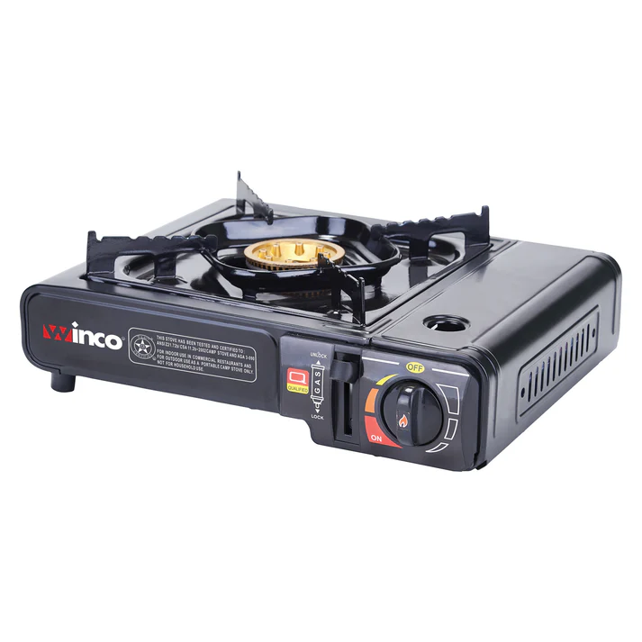 PORTABLE 1 BURNER STOVE WITH ADJUSTABLE HEAT AND CARRYING CASE - 9500 BTU - USES STANDARD 8 OZ BUTANE CANISTERS FOR FUEL