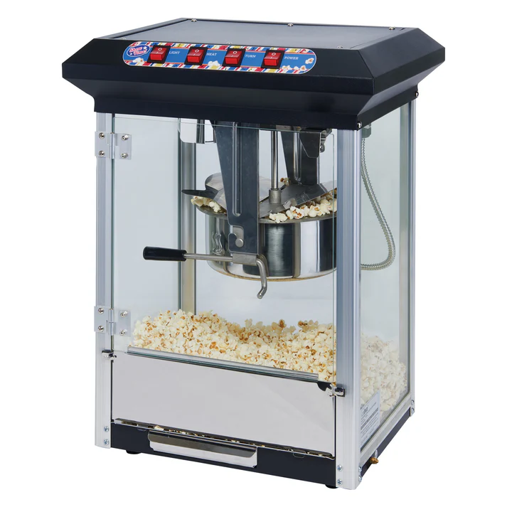 WINCO 8 OZ SHOW TIME POPCORN MACHINE WITH DECK WARMER AND REMOVABLE CRUMB TRAY - ETL APPROVED