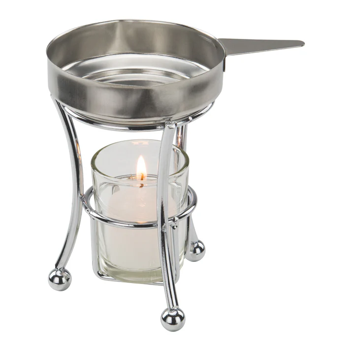 BUTTER WARMER SET - COMES WITH STAINLESS STEEL BUTTER PAN; WIRE STAND; GLASS VOTIVE HOLDER; AND CANDLE