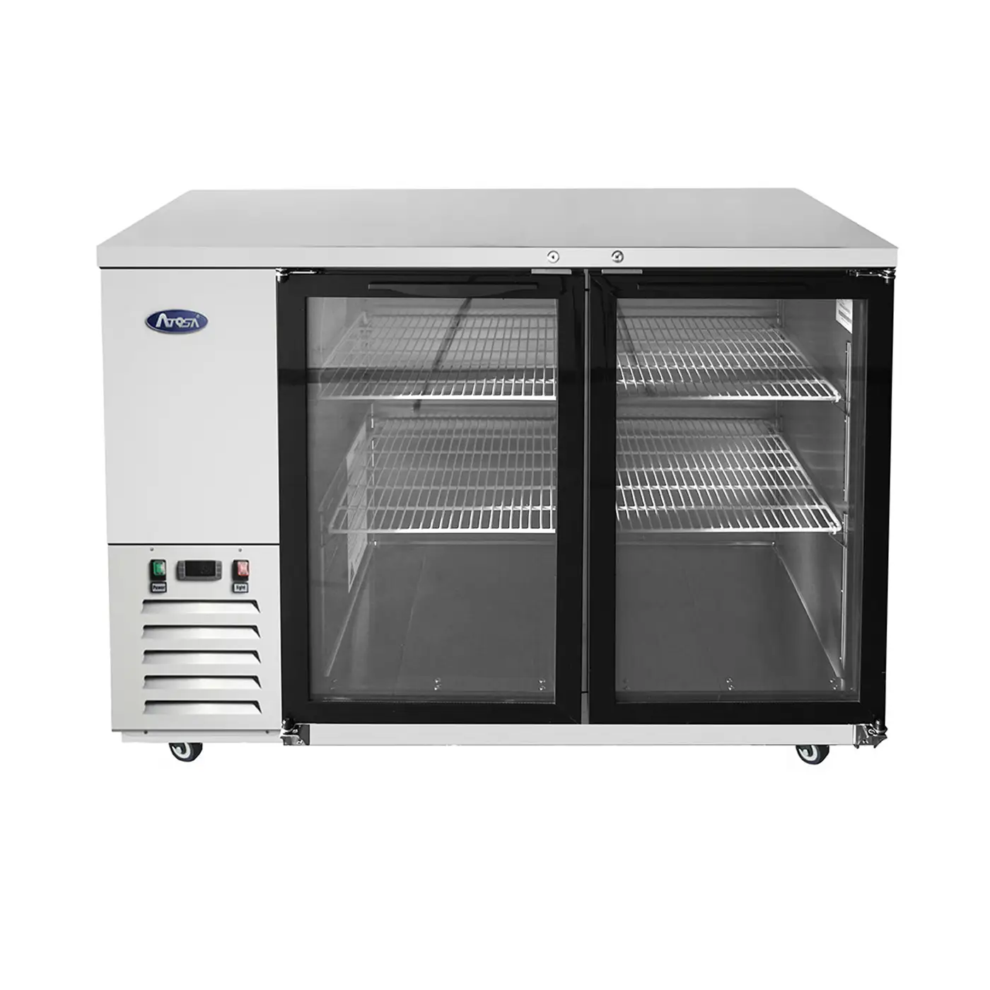 ATOSA 59 INCH BACK BAR COOLER ON CASTERS WITH 2 GLASS DOORS AND COMPRESSOR ON LEFT - ETL APPROVED