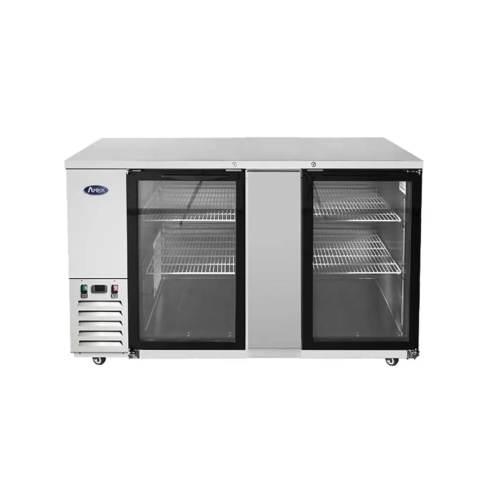 ATOSA 69 INCH BACK BAR COOLER ON CASTERS WITH 2 GLASS DOORS AND COMPRESSOR ON LEFT - ETL APPROVED