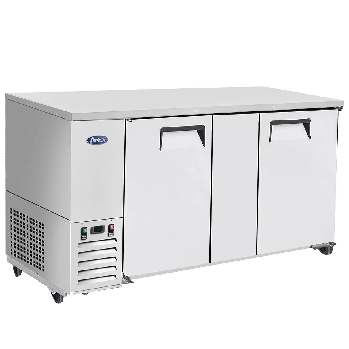 ATOSA 69 INCH BAR COOLER ON CASTERS WITH 2 STAINLESS STEEL DOORS AND COMPRESSOR ON LEFT - ETL APPROVED
