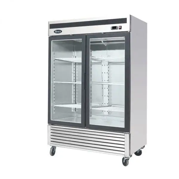 ATOSA 2 GLASS DOOR COOLER MERCHANDISER ON CASTERS WITH 44.8 CUBIC FOOT CAPACITY AND BOTTOM MOUNT COMPRESSOR - ETL APPROVED