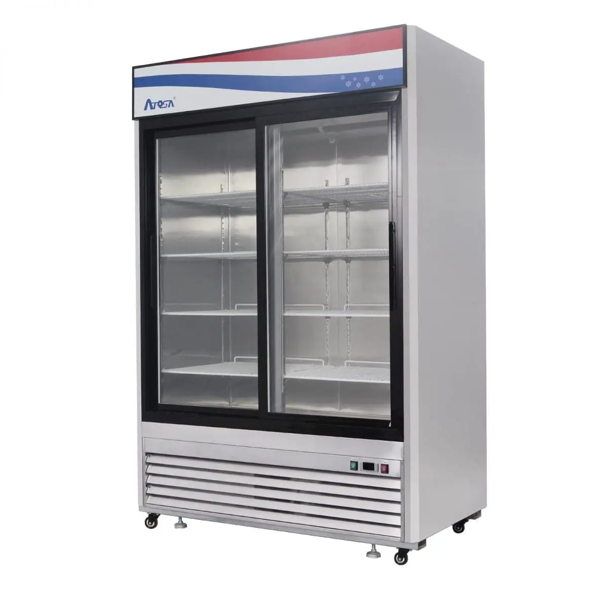 ATOSA 2 SLIDING GLASS DOOR COOLER MERCHANDISER ON CASTERS WITH 44.9 CUBIC FOOT CAPACITY; LIGHTED HEADER PANEL; AND BOTTOM MOUNT COMPRESSOR - ETL APPROVED