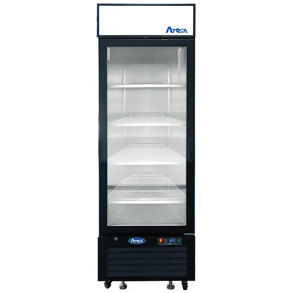 ATOSA 1 GLASS DOOR FREEZER ON CASTERS WITH 19.4 CUBIC FOOT CAPACITY; LIGHTED HEADER PANEL; BLACK STAINLESS BODY; AND BOTTOM MOUNT COMPRESSOR - ETL APPROVED