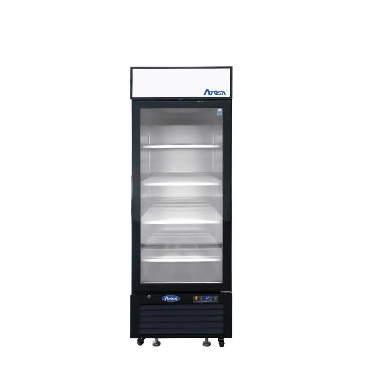 ATOSA 1 GLASS DOOR COOLER ON CASTERS WITH 19.4 CUBIC FOOT CAPACITY; LIGHTED HEADER PANEL; BLACK STAINLESS BODY; AND BOTTOM MOUNT COMPRESSOR - ETL APPROVED