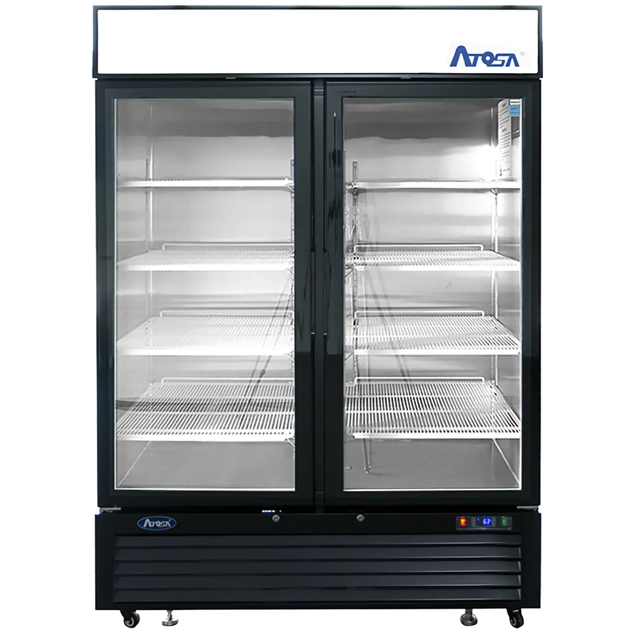 ATOSA 2 GLASS DOOR COOLER ON CASTERS WITH 43.8 CUBIC FOOT CAPACITY; LIGHTED HEADER PANEL; BLACK STAINLESS BODY; AND BOTTOM MOUNT COMPRESSOR - ETL APPROVED