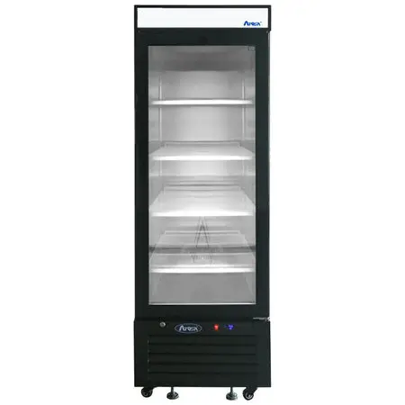 ATOSA LOW HEIGHT 1 GLASS DOOR COOLER ON CASTERS WITH 8.3 CUBIC FOOT CAPACITY; LIGHTED HEADER PANEL; BLACK STAINLESS BODY; AND COMPRESSOR ON BOTTOM - ETL