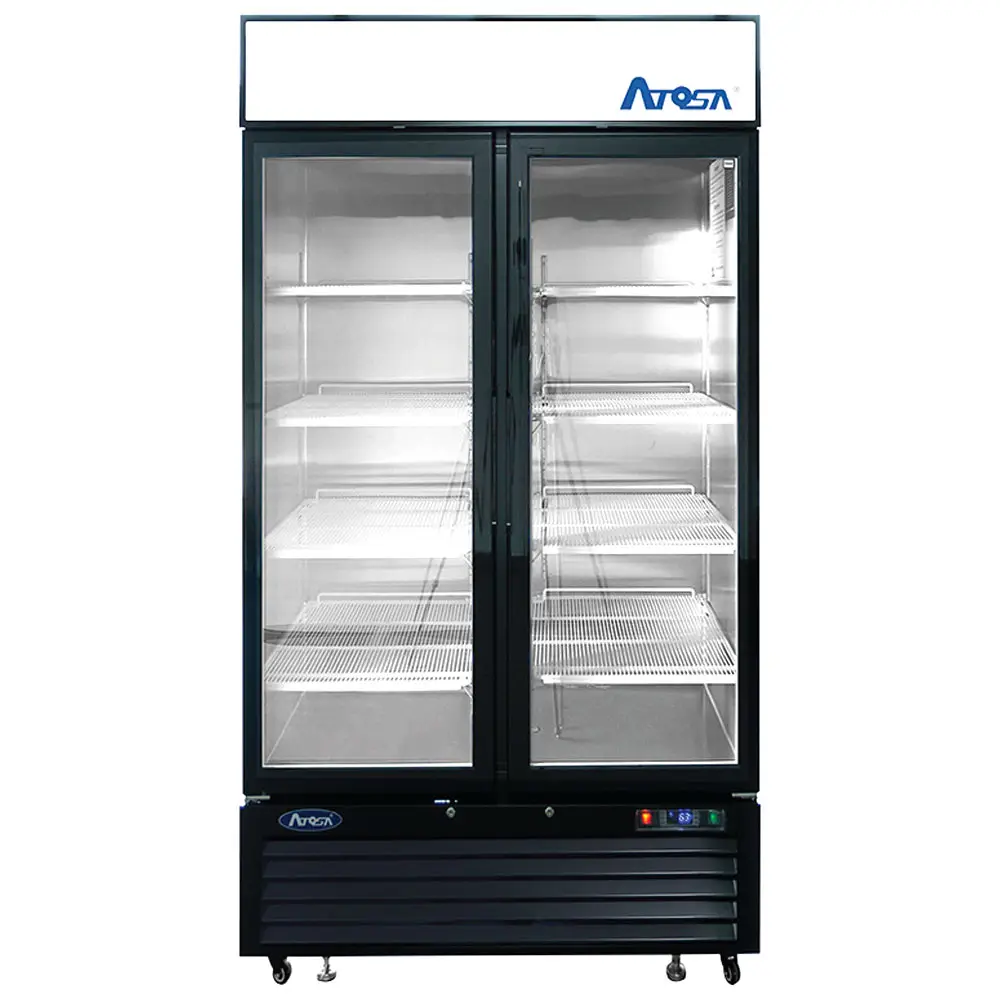 ATOSA SLIM 2 DOOR COOLER ON CASTERS WITH 28.5 CUBIC FOOT CAPACITY; LIGHTED HEADER PANEL; BLACK STAINLESS BODY; AND BOTTOM MOUNT COMPRESSOR - ETL APPROVED