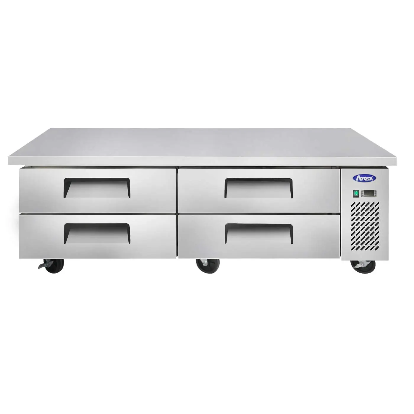 ATOSA 72 INCH REFRIGERATED CHEFS BASE ON CASTERS WITH 12.1 CUBIC FOOT CAPACITY; 4 DRAWERS; AND COMPRESSOR ON RIGHT - ETL APPROVED