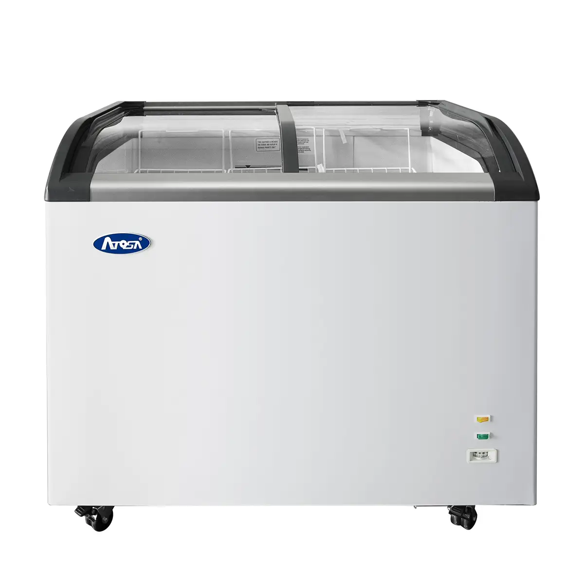 ATOSA SLIDE TOP NOVELTY FREEZER ON CASTERS WITH CURVED GLASS TOP; 9.6 CUBIC FOOT CAPACITY; AND 2 SLIDING DOORS - ETL APPROVED