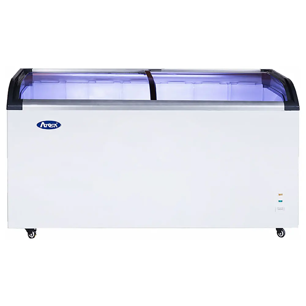 ATOSA SLIDE TOP NOVELTY FREEZER ON CASTERS WITH CURVED GLASS TOP; 12.5 CUBIC FOOT CAPACITY; AND 2 SLIDING DOORS - ETL APPROVED