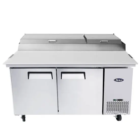 ATOSA 67 INCH REFRIGERATED PIZZA PREP TABLE ON CASTERS WITH 2 DOORS; 2 HINGED LIDS; 18.5 CUBIC FOOT CAPACITY; AND COMPRESSOR ON RIGHT - ETL APPROVED
