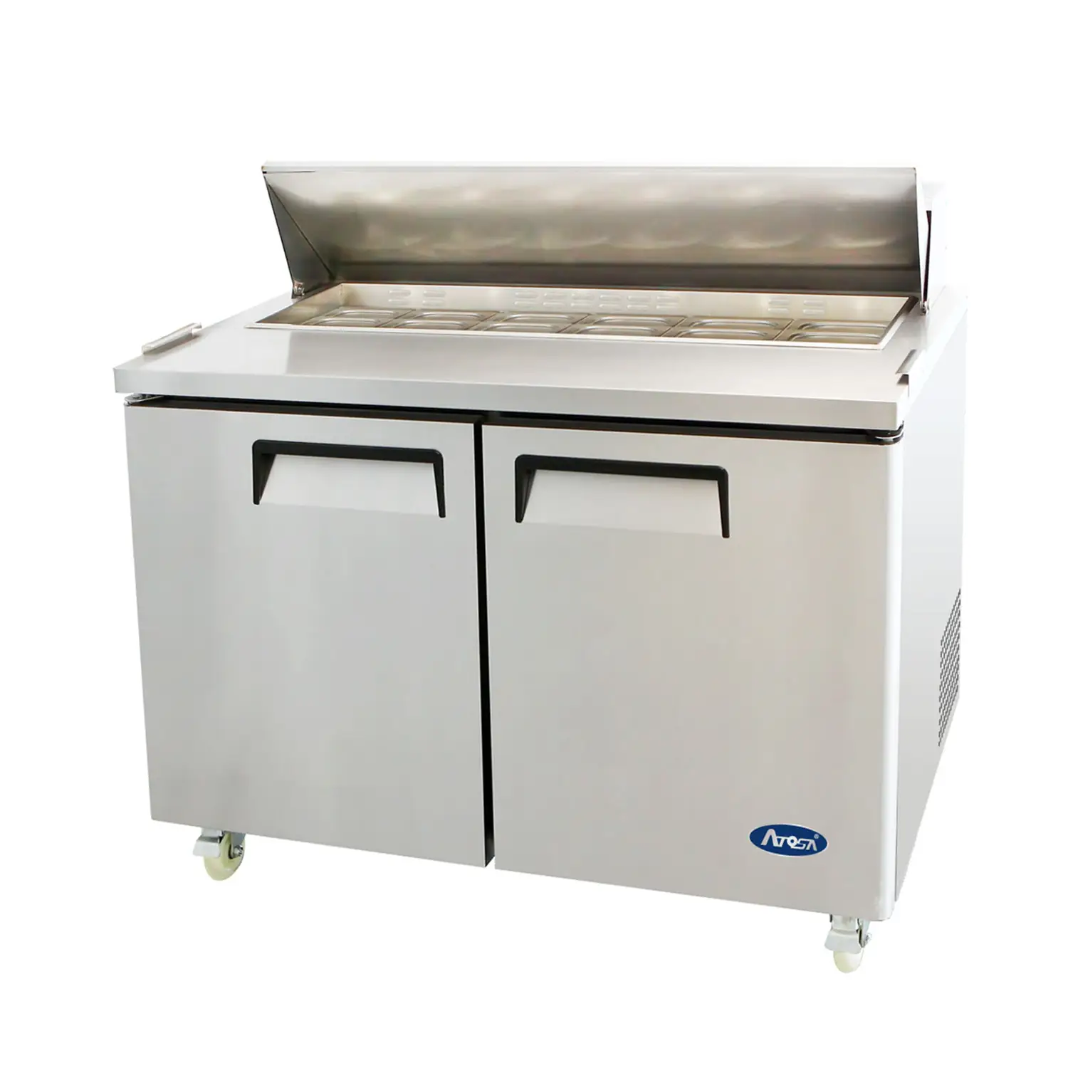 ATOSA 36 INCH REFRIGERATED SANDWICH PREP TABLE ON CASTERS WITH 2 DOORS AND 1 HINGED LID - FITS 10 SIXTH SIZE PANS - ETL APPROVED