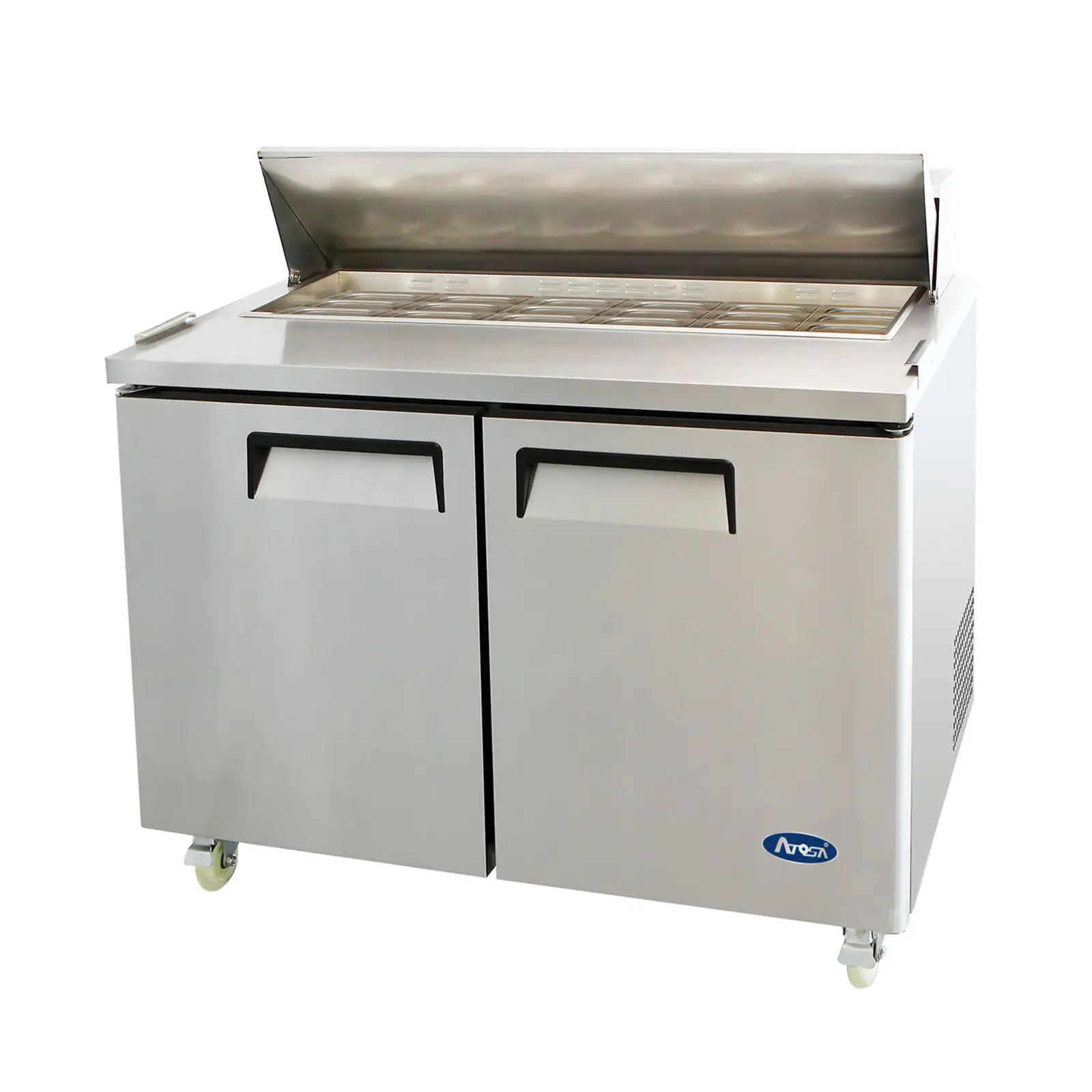 ATOSA 36 INCH MEGA TOP REFRIGERATED SANDWICH PREP TABLE ON CASTERS WITH 2 DOORS AND 1 HINGED LID - ETL APPROVED