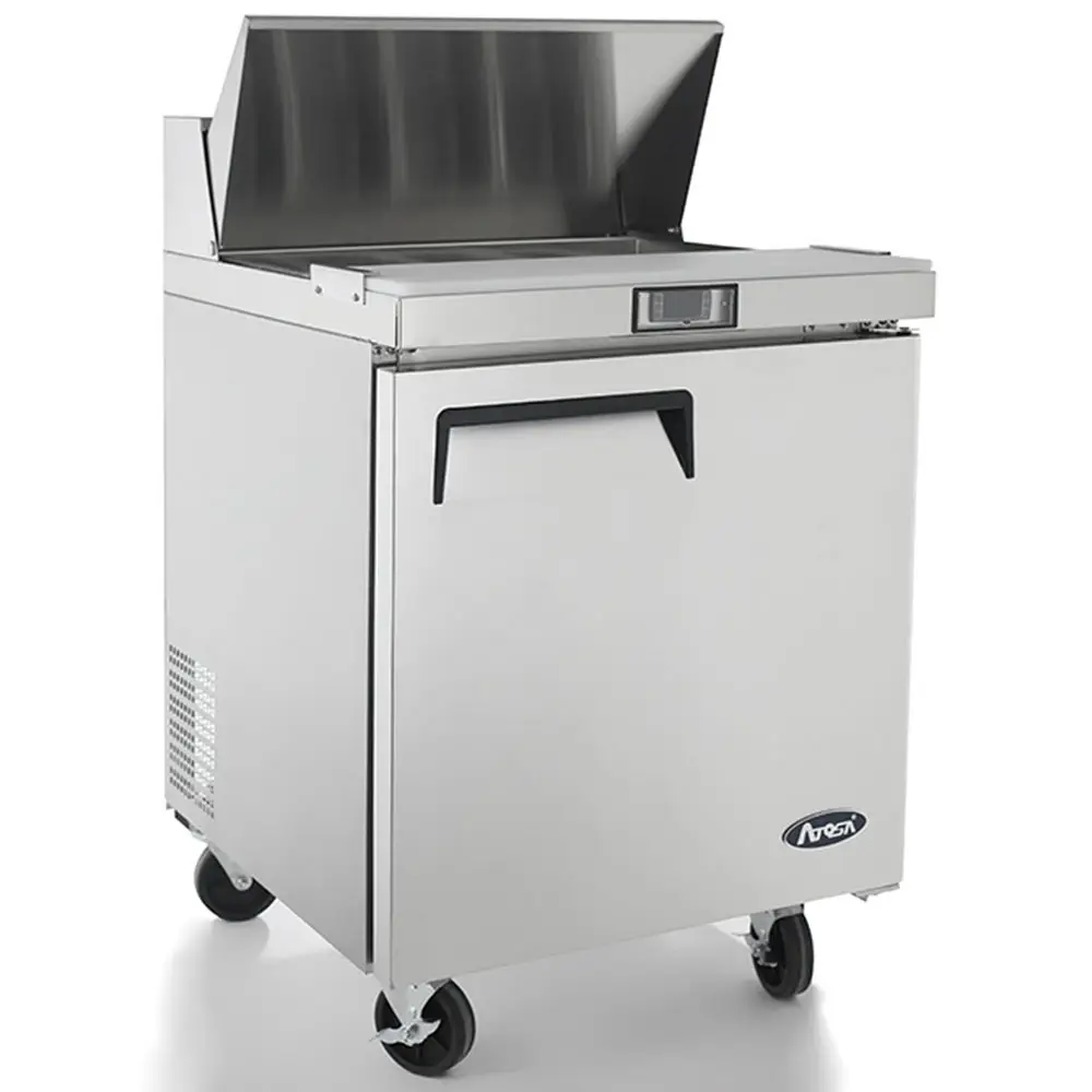 ATOSA 27 INCH REFRIGERATED SANDWICH PREP TABLE ON CASTERS WITH 1 DOOR AND 1 HINGED LID - FITS 8 SIXTH SIZE PANS - ETL APPROVED