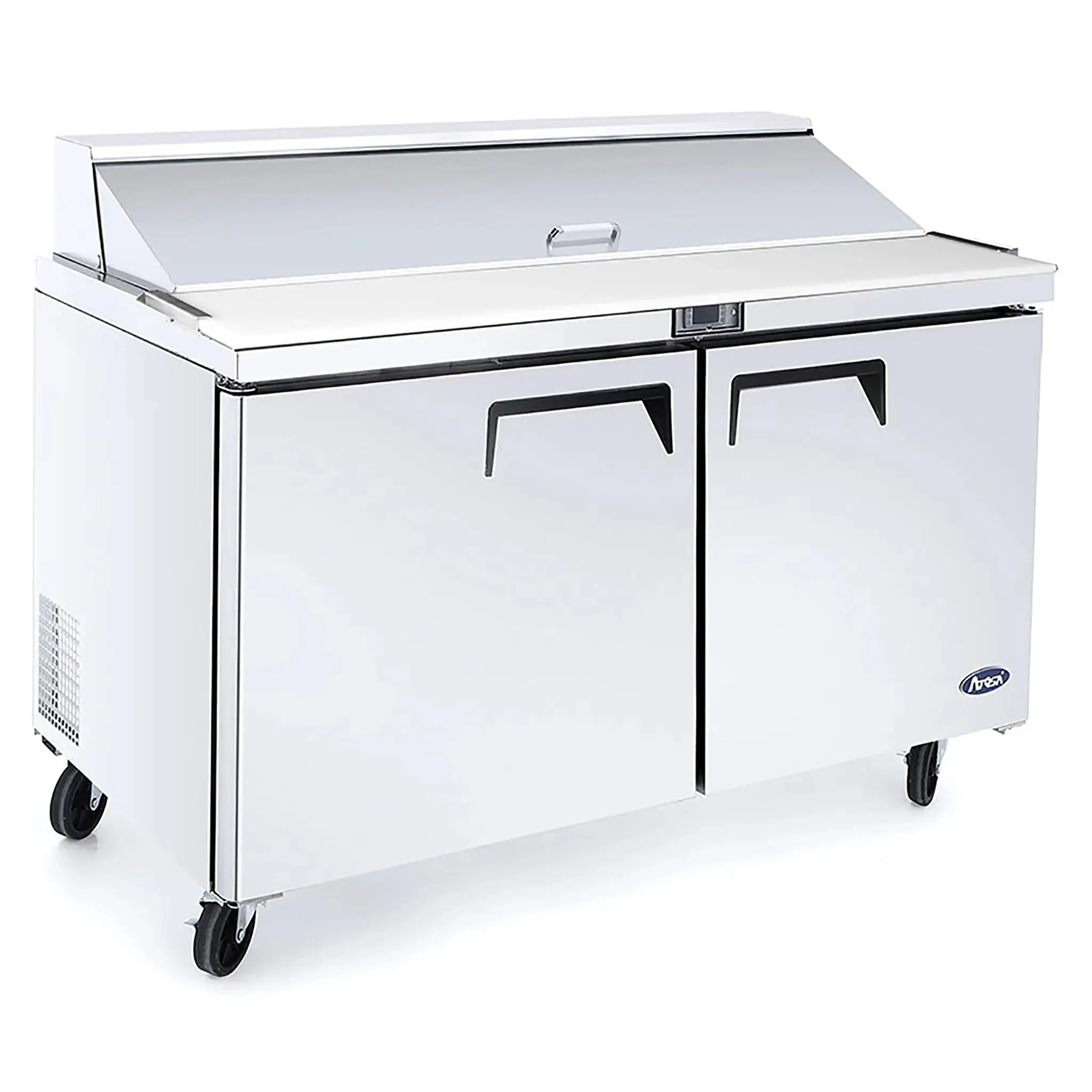 ATOSA 48 INCH REFRIGERATED SANDWICH PREP TABLE ON CASTERS WITH 2 DOORS AND 1 HINGED LID - FITS 12 SIXTH SIZE PANS - ETL APPROVED
