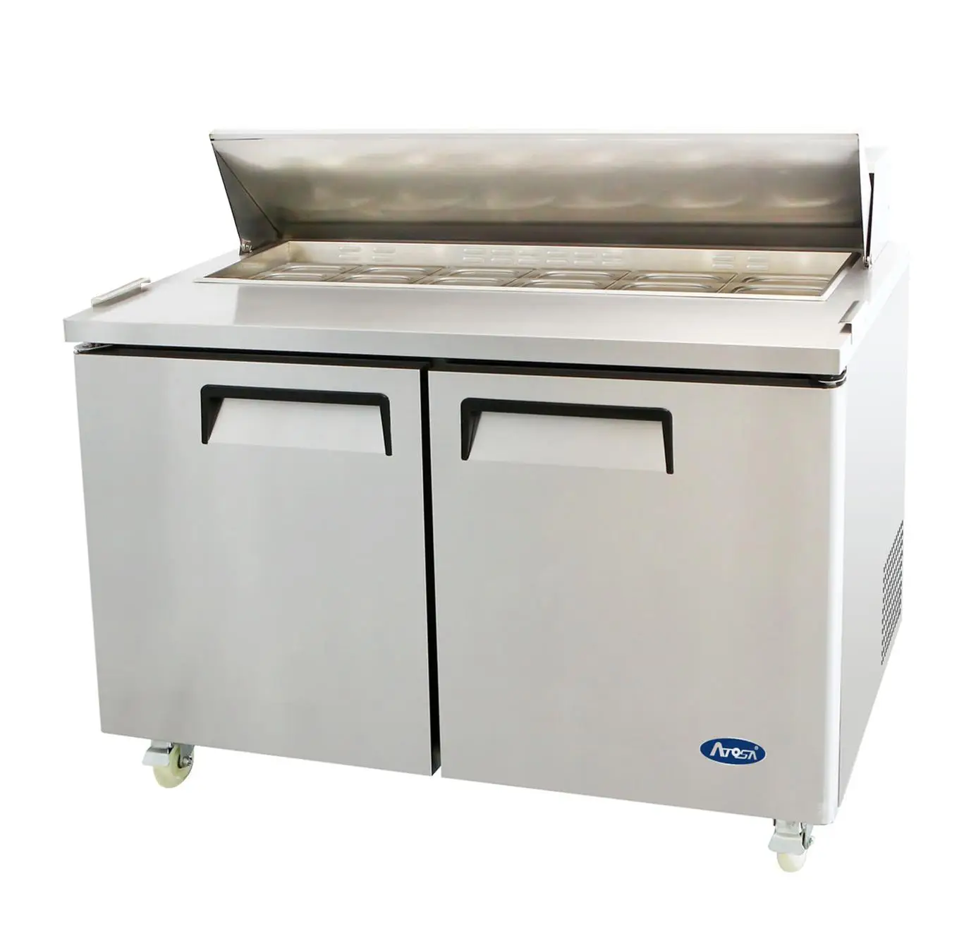 ATOSA 60 INCH REFRIGERATED SANDWICH PREP TABLE ON CASTERS WITH 2 DOORS AND 1 HINGED LID - FITS 16 SIXTH SIZE PANS - ETL APPROVED