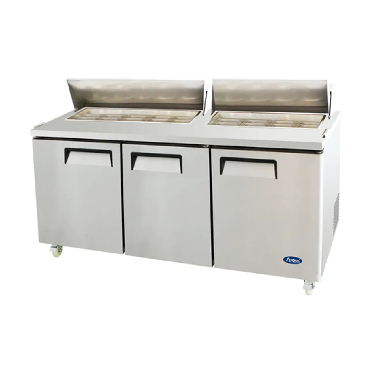 ATOSA 72 INCH REFRIGERATED SANDWICH PREP TABLE ON CASTERS WITH 3 DOORS AND 2 HINGED LIDS - FITS 18 SIXTH SIZE PANS - ETL APPROVED