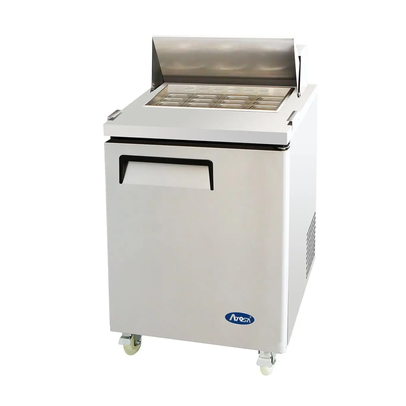 ATOSA 27 INCH MEGA TOP REFRIGERATED SANDWICH PREP TABLE ON CASTERS WITH 1 DOOR AND 1 HINGED LID - FITS 12 SIXTH SIZE PANS - ETL APPROVED
