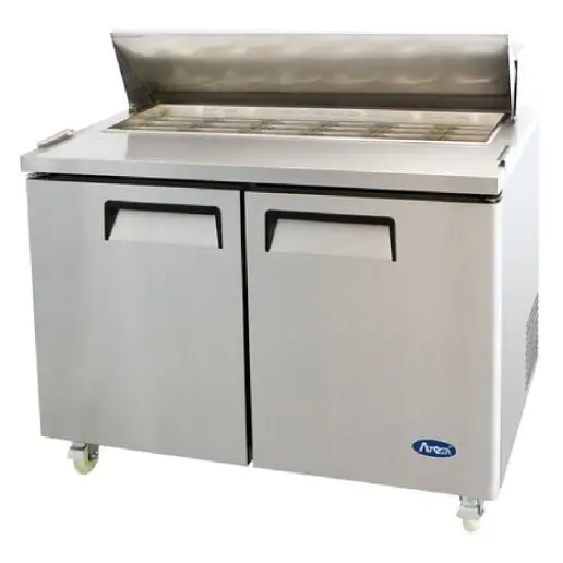 ATOSA 48 INCH  MEGA TOP REFRIGERATED SANDWICH PREP TABLE ON CASTERS WITH 2 DOORS AND 1 HINGED LID - FITS 18 SIXTH SIZE PANS - ETL APPROVED