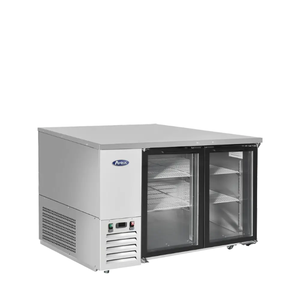 ATOSA 48 INCH 2 GLASS DOOR BACK BAR COOLER ON CASTERS WITH 11.5 CUBIC FOOT CAPACITY AND COMPRESSOR ON LEFT - ETL APPROVED