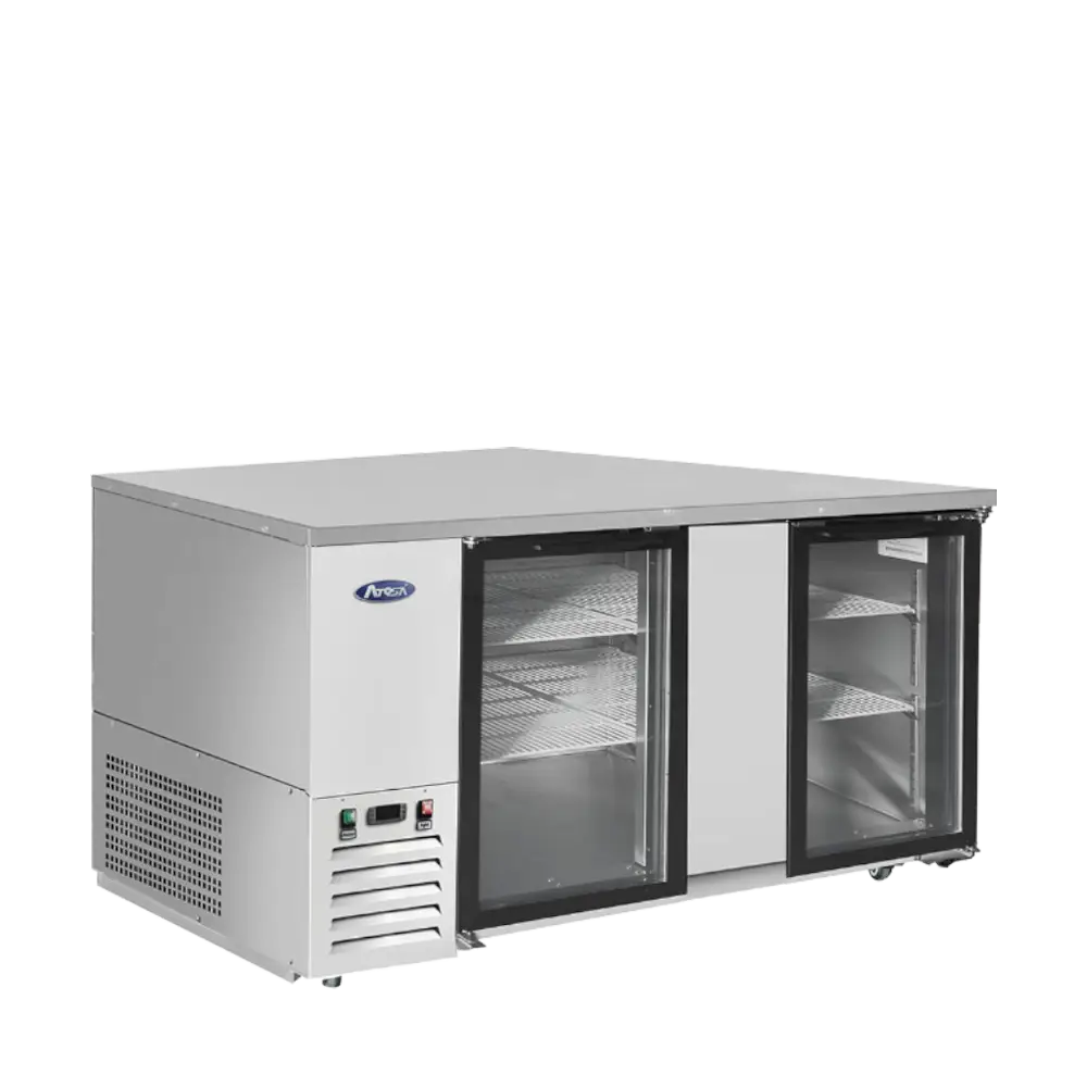 ATOSA 69 INCH 2 GLASS DOOR BACK BAR COOLER ON CASTERS WITH 18.6 CUBIC FOOT CAPACITY AND COMPRESSOR ON LEFT - ETL APPROVED