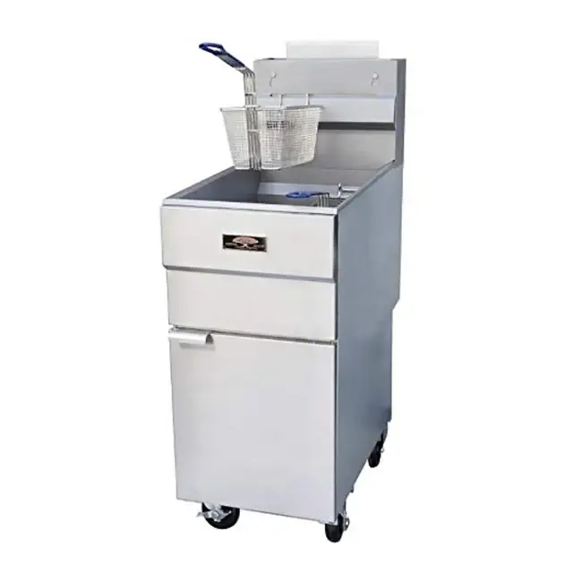 COPPER BEACH 50 LB TWIN BASKET FRYER ON CASTERS WITH THERMOSTATIC CONTROLS - PROPANE - 120000 BTU - ETL APPROVED