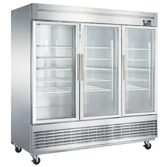 DUKERS 3 GLASS DOOR COOLER MERCHANDISER ON CASTERS WITH 65.87 CUBIC FOOT CAPACITY AND TOP MOUNT COMPRESSOR - ETL APPROVED