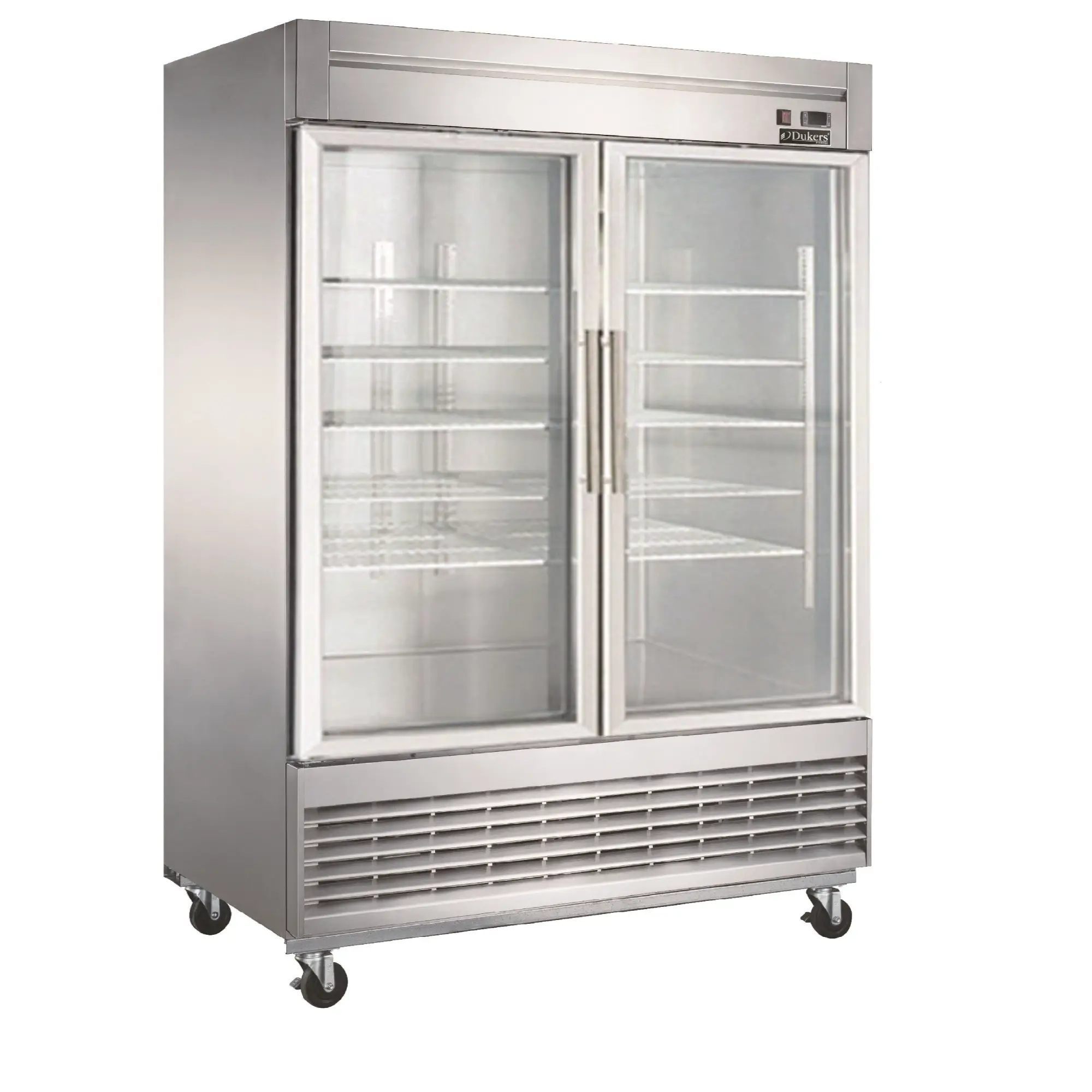 DUKERS 2 GLASS DOOR FREEZER MERCHANSIER ON CASTERS WITH 40.72 CUBIC FOOT CAPACITY AND BOTTOM MOUNT COMPRESSOR - ETL APPROVED