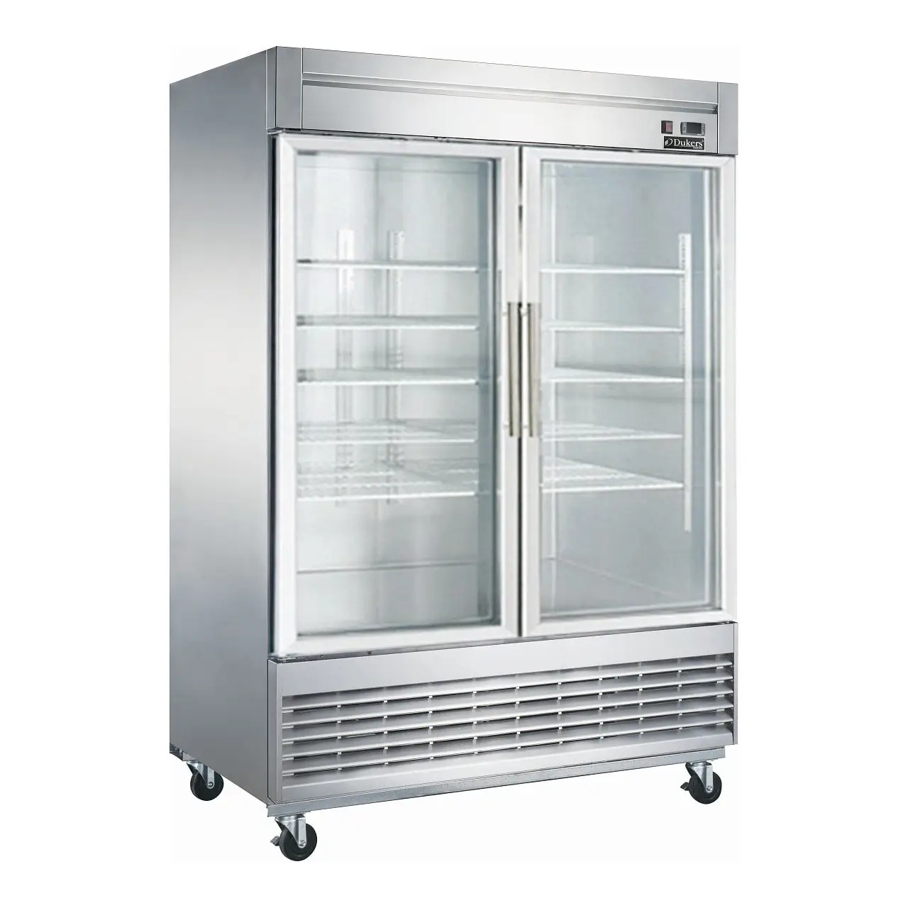 DUKERS 2 GLASS DOOR COOLER MERCHANDISER ON CASTERS WITH 40.74 CUBIC FOOT CAPACITY AND BOTTOM MOUNT COMPRESSOR - ETL APPROVED