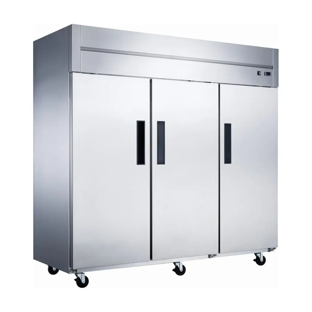 DUKERS 3 DOOR COOLER ON CASTERS WITH 64.8 CUBIC FOOT CAPACITY AND TOP MOUNT COMPRESSOR - ETL APPROVED