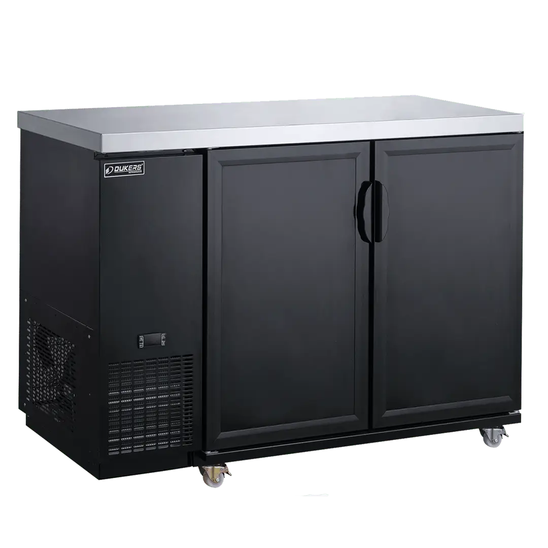 DUKERS 48 INCH BACK BAR COOLER ON CASTERS WITH 2 SOLID DOORS; 11.23 CUBIC FOOT CAPACITY; AND STAINLESS STEEL WORK TOP - ETL APPROVED